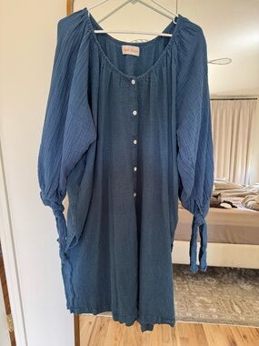Myrah Penaloza Blue Cotton/Linen Button-Front Dress with Tie Sleeves